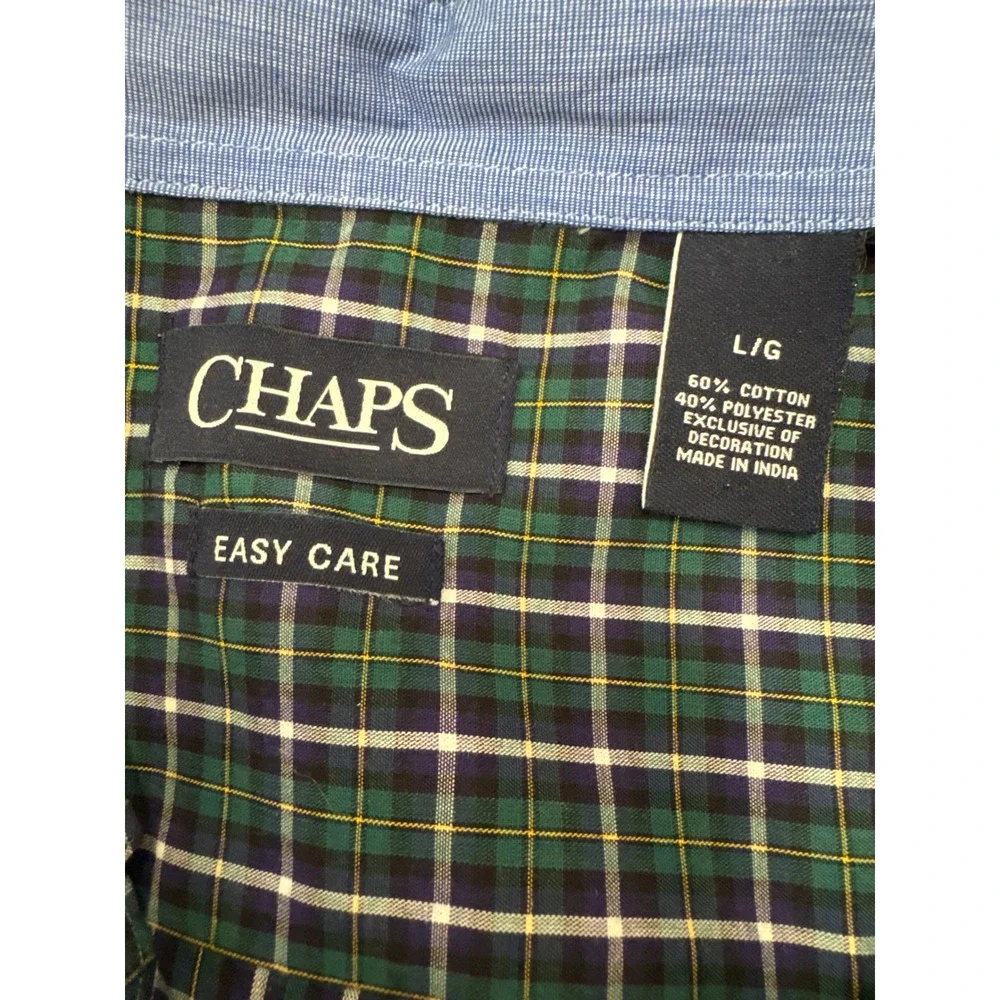 Chaps Mens Large Green Navy Blue Plaid Easy Care Button Down Shirt Long Sleeve
